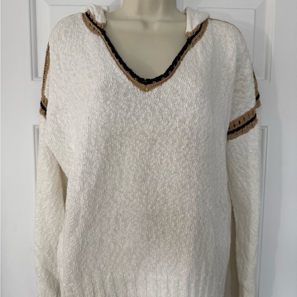 hem & thread White and Tan Light Weight Cotton Spring Summer Hoodie Sweater in L